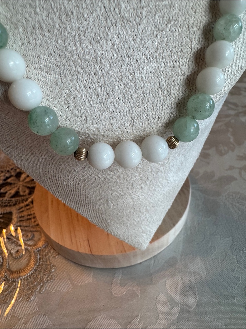 Vintage Mint Green and White Stone Beaded Necklace with Subtle Gold Accents - Picture 5 of 7